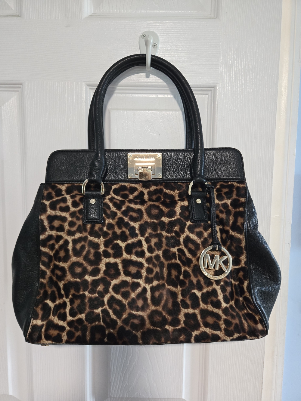 Michael Kors Leopard Print Saffiano Leather Top-Handle Bag in Black/Brown